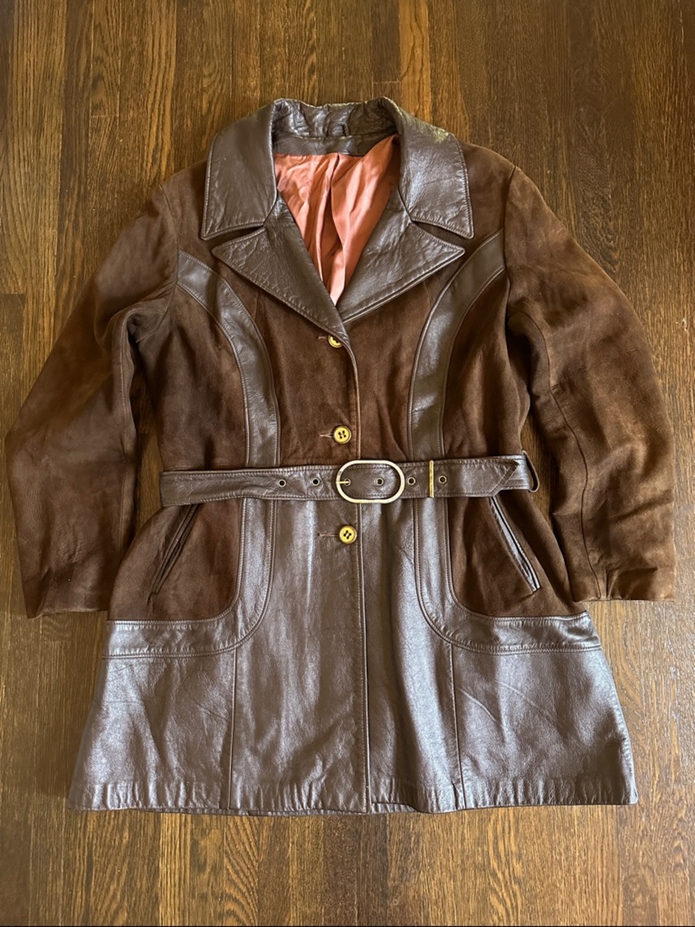 Vintage Brown Leather & Suede Belted lined Women’s Jacket size Large - Picture 2 of 11